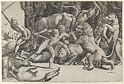 Five men fighting beasts, at lower left is a fallen boar, Master of the Die (Italian, active Rome, ca. 1530–60), Engraving