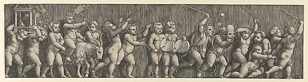 A frieze arrangement with a putto weating a laurel crown riding a goat at left and many infants playing musical instruments in front, Master of the Die (Italian, active Rome, ca. 1530–60), Engraving