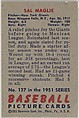 Sal Maglie, Pitcher, New York Giants, from Picture Cards, series 5 (R406-5) issued by Bowman Gum, Issued by Bowman Gum Company, Commercial color lithograph
