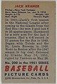 Issued by Bowman Gum Company | Jack Kramer, Pitcher, New York Yankees ...