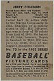 Jerry Coleman, 2nd Base, New York Yankees, from Picture Cards, series 6 (R406-6) issued by Bowman Gum, Issued by Bowman Gum Company, Commercial color lithograph