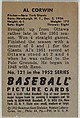 Issued by Bowman Gum Company | Al Corwin, Pitcher, New York Giants ...