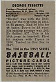 George Tebbetts, Catcher, Cleveland Indians, from Picture Cards, series 6 (R406-6) issued by Bowman Gum, Issued by Bowman Gum Company, Commercial color lithograph