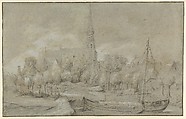The Church of Saints Peter and Paul in Schelle, near Antwerp, seen from the North, with a Boat in the river Vliet, Anonymous, Flemish, 17th century Flemish, Black chalk, pen and brown ink, heightened with white gouache, on (faded) blue paper; framing lines in pen and black ink