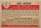 Issued by Bowman Gum Company, Carl Erskine, Pitcher, Brooklyn Dodgers,  from Name on Bat series, series 9 (R406-9) issued by Bowman Gum