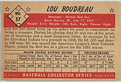 Issued by Bowman Gum Company, Lou Boudreau, Manager, Boston Red Sox, from  Collector Series, Colors set, series 7 (R406-7) issued by Bowman Gum
