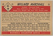 Willard Marshall, Outfield, Cincinnati Reds, from Collector Series, Colors set, series 7 (R406-7) issued by Bowman Gum, Issued by Bowman Gum Company, Commercial color lithograph