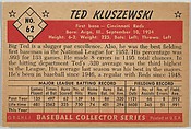 Issued by Bowman Gum Company, Ted Kluszewski, 1st Base, Cincinnati Reds,  from Picture Cards, series 5 (R406-5) issued by Bowman Gum