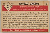 Charlie Grimm, Manager, Milwaukee Braves, from Collector Series, Colors set, series 7 (R406-7) issued by Bowman Gum, Issued by Bowman Gum Company, Commercial color lithograph