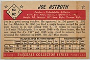 Joe Astroth, Catcher, Philadelphia Athletics, from Collector Series, Colors set, series 7 (R406-7) issued by Bowman Gum, Issued by Bowman Gum Company, Commercial color lithograph