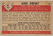 Karl Drews, Pitcher, Philadelphia Phillies, from Collector Series, Colors set, series 7 (R406-7) issued by Bowman Gum, Issued by Bowman Gum Company, Commercial color lithograph