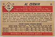 Al Corwin, Pitcher, New York Giants, from Collector Series, Colors set, series 7 (R406-7) issued by Bowman Gum, Issued by Bowman Gum Company, Commercial color lithograph