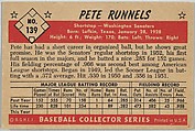 Pete Runnels, Shortstop, Washington Senators, from Collector Series, Colors set, series 7 (R406-7) issued by Bowman Gum, Issued by Bowman Gum Company, Commercial color lithograph