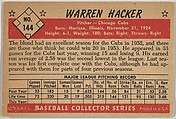 Warren Hacker, Pitcher, Chicago Cubs, from Collector Series, Colors set, series 7 (R406-7) issued by Bowman Gum, Issued by Bowman Gum Company, Commercial color lithograph