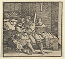 Spinneloccio Locked up in a Chest, on which his Wife and Zeppa are Seated, from The Decameron, Hans Schäufelein  German, Woodcut