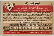 Al Corwin, Pitcher, New York Giants, from Collector Series, Colors set, series 7 (R406-7) issued by Bowman Gum, Issued by Bowman Gum Company, Commercial color lithograph