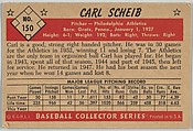 Carl Scheib, Pitcher, Philadelphia Athletics, from Collector Series, Colors set, series 7 (R406-7) issued by Bowman Gum, Issued by Bowman Gum Company, Commercial color lithograph