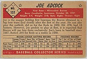 Joe Adcock, 1st Base, Milwaukee Braves, from Collector Series, Colors set, series 7 (R406-7) issued by Bowman Gum, Issued by Bowman Gum Company, Commercial color lithograph