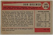 Don Bollweg, 1st Base, Philadelphia Athletics, from Name on Bat series, series 9 (R406-9) issued by Bowman Gum, Issued by Bowman Gum Company, Commercial color lithograph