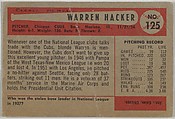 Warren Hacker, Pitcher, Chicago Cubs, from Name on Bat series, series 9 (R406-9) issued by Bowman Gum, Issued by Bowman Gum Company, Commercial color lithograph
