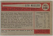 Stu Miller, Pitcher, St. Louis Cardinals, from Name on Bat series, series 9 (R406-9) issued by Bowman Gum, Issued by Bowman Gum Company, Commercial color lithograph