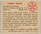 Card Number 10, Larry Craig, End, Green Bay Packers, from the Bowman Football series (R407-2) issued by Bowman Gum, Issued by Bowman Gum Company, Commercial color lithograph