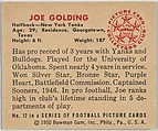 Card Number 12, Joe Golding, Halfback, New York Yanks, from the Bowman Football series (R407-2) issued by Bowman Gum, Issued by Bowman Gum Company, Commercial color lithograph