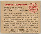 Card Number 14, George Taliaferro, Halfback, New York Yanks, from the Bowman Football series (R407-2) issued by Bowman Gum, Issued by Bowman Gum Company, Commercial color lithograph