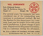 Card Number 18, Val Jansante, End, Pittsburgh Steelers, from the Bowman Football series (R407-2) issued by Bowman Gum, Issued by Bowman Gum Company, Commercial color lithograph