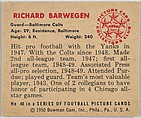 Card Number 40, Richard Barwegen, Guard, Baltimore Colts, New York Giants, from the Bowman Football series (R407-2) issued by Bowman Gum, Issued by Bowman Gum Company, Commercial color lithograph