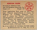 Card Number 41, Adrian Burk, Quarterback, Baltimore Colts, from the Bowman Football series (R407-2) issued by Bowman Gum, Issued by Bowman Gum Company, Commercial color lithograph