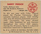 Card Number 42, Barry French, Tackle, Baltimore Colts, from the Bowman Football series (R407-2) issued by Bowman Gum, Issued by Bowman Gum Company, Commercial color lithograph