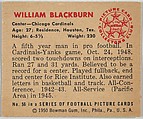Card Number 56, William Blackburn, Center, Chicago Cardinals, from the Bowman Football series (R407-2) issued by Bowman Gum, Issued by Bowman Gum Company, Commercial color lithograph
