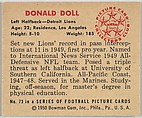 Card Number 73, Donald Doll, Left Halfback, Detroit Lions, from the Bowman Football series (R407-2) issued by Bowman Gum, Issued by Bowman Gum Company, Commercial color lithograph