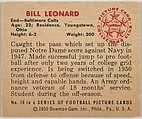 Card Number 76, Bill Leonard, End, Baltimore Colts, from the Bowman Football series (R407-2) issued by Bowman Gum, Issued by Bowman Gum Company, Commercial color lithograph