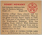 Card Number 3, Robert Nowasky, End, Linebacker, Baltimore Colts, from the Bowman Football series (R407-2) issued by Bowman Gum, Issued by Bowman Gum Company, Commercial color lithograph