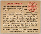 Card Number 20, Jerry Nuzum, Right Halfback, Pittsburgh Steelers, from the Bowman Football series (R407-2) issued by Bowman Gum, Issued by Bowman Gum Company, Commercial color lithograph
