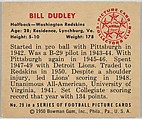 Card Number 29, Bill Dudley, Halfback, Washington Redskins, from the Bowman Football series (R407-2) issued by Bowman Gum, Issued by Bowman Gum Company, Commercial color lithograph
