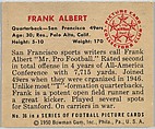 Issued by Bowman Gum Company, Card Number 36, Frank Albert, Quaterback,  San Francisco 49ers, from the Bowman Football series (R407-2) issued by  Bowman Gum