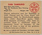 Card Number 49, Sam Tamburo, Ends, New York Yanks, from the Bowman Football series (R407-2) issued by Bowman Gum, Issued by Bowman Gum Company, Commercial color lithograph