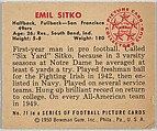 Card Number 71, Emil Sitko, Halfback, Fullback, San Francisco 49ers, from the Bowman Football series (R407-2) issued by Bowman Gum, Issued by Bowman Gum Company, Commercial color lithograph