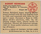 Card Number 87, Robert Reinhard, Tackle, Los Angeles Rams, from the Bowman Football series (R407-2) issued by Bowman Gum, Issued by Bowman Gum Company, Commercial color lithograph