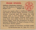 Card Number 102, Frank Spaniel, Halfback, Washington Redskins, from the Bowman Football series (R407-2) issued by Bowman Gum, Issued by Bowman Gum Company, Commercial color lithograph
