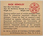 Card Number 104, Dick Hensley, End, New York Giants, from the Bowman Football series (R407-2) issued by Bowman Gum, Issued by Bowman Gum Company, Commercial color lithograph