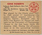 Card Number 141, Gene Roberts, Fullback, Right Halfback, New York Giants, from the Bowman Football series (R407-2) issued by Bowman Gum, Issued by Bowman Gum Company, Commercial color lithograph