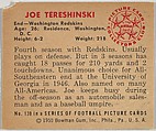 Card Number 139, Joe Tereshinski, End, Washington Redskins, from the Bowman Football series (R407-2) issued by Bowman Gum, Issued by Bowman Gum Company, Commercial color lithograph