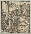 An Old Pilgrim Walking to the Right, from Hymmelwagen auff dem, wer wol lebt..., Hans Schäufelein German, Woodcut