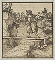 A Man Crossing a Small Bridge, from Hymmelwagen auff dem, wer wol lebt..., Hans Schäufelein German, Woodcut