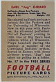 Card Number 17, Earl "Jug" Girard, Halfback, Green Bay Packers, from the Bowman Football series (R407-3) issued by Bowman Gum, Issued by Bowman Gum Company, Commercial color lithograph