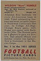 Card Number 1, Weldon "Hum" Humble, Guard, Cleveland Browns, from the Bowman Football series (R407-3) issued by Bowman Gum, Issued by Bowman Gum Company, Commercial color lithograph